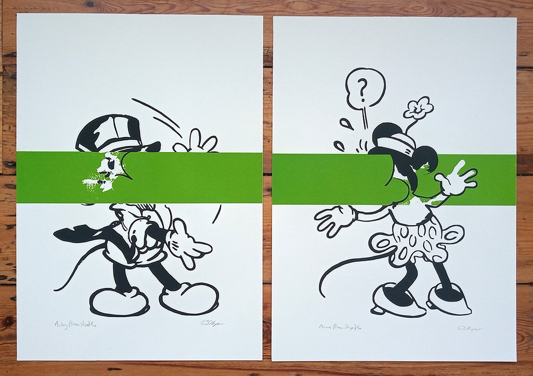 "Mickey (Green Stripe)" & "Minnie (Green Stripe)" - screenprints by Carl Stimpson