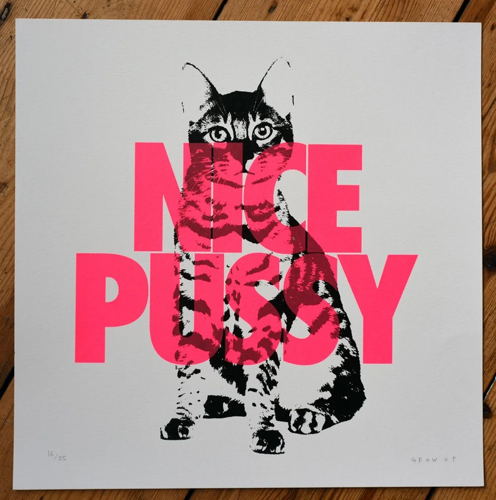 Nice Pussy screenprint by Grow Up — fluorescent pink block lettering overprinted on a black halftone image of a sitting tabby cat, numbered 16/25 and signed in pencil.
