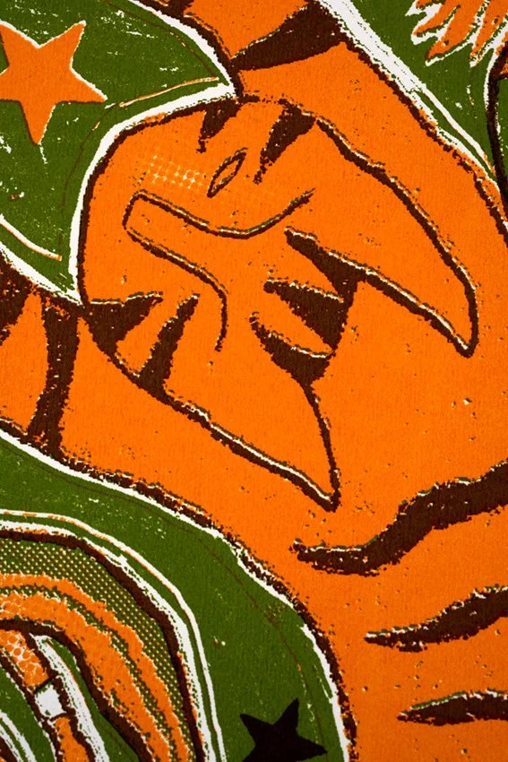 Closeup of tiger graphic artwork and printed "AMAZING" by Charlie-Evaristo Boyce