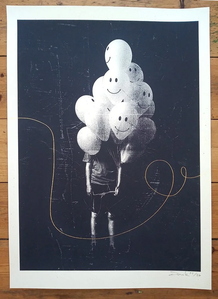 "Balloon Boy" limited edition screenprint with gold leaf by Donk