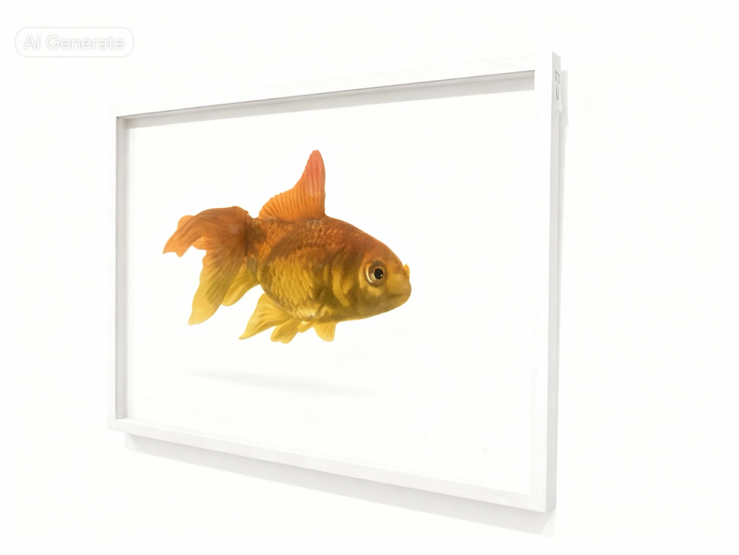 Goldfish swimming inside a transparent glass tank with white background.