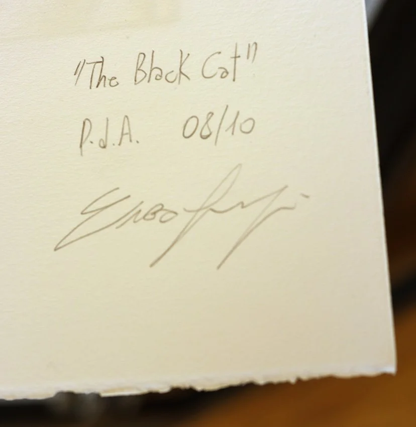 Enea Seregni's signature on the back of artwork "The Black Cat"