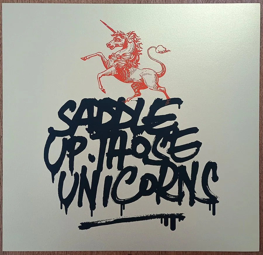 "Saddle Up Those Unicorns! (Gold)" screenprint by Richard Pendry