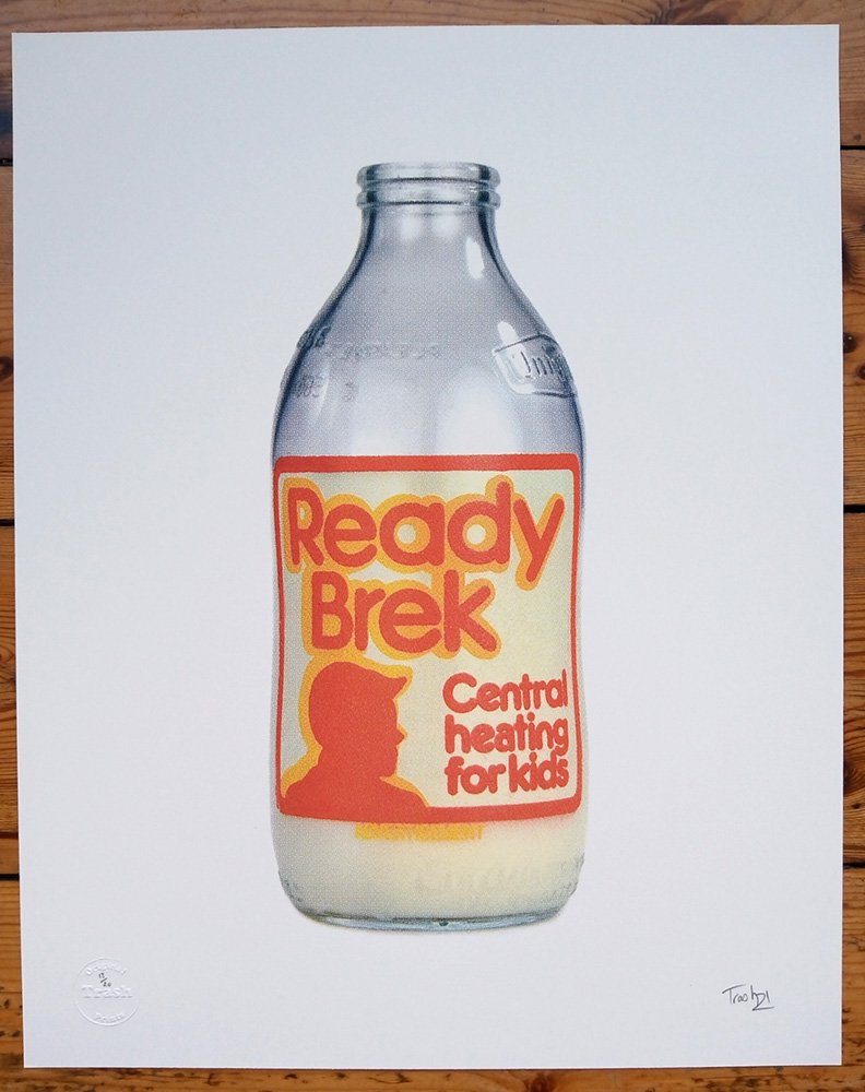 "Ready Brek Milk Bottle" limited edition screenprint by Trash Prints
