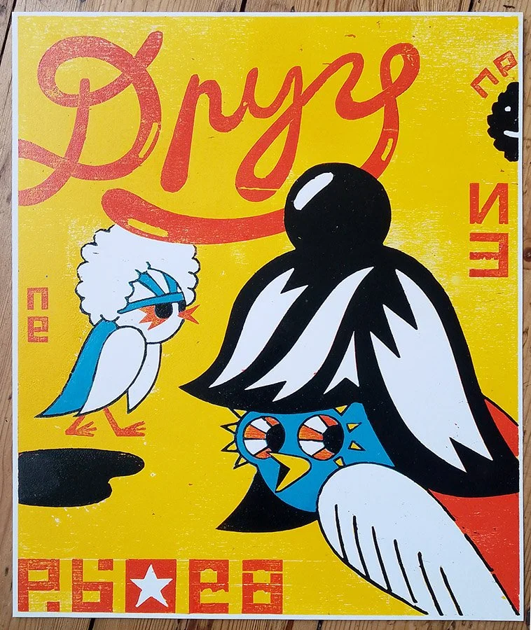 "Drugi Birds" limited edition woodcut print by Roman Klonek