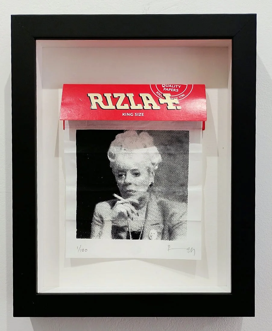 "For Bet Lynch" framed limited edition screenprint on cigarette papers by Richard Pendry