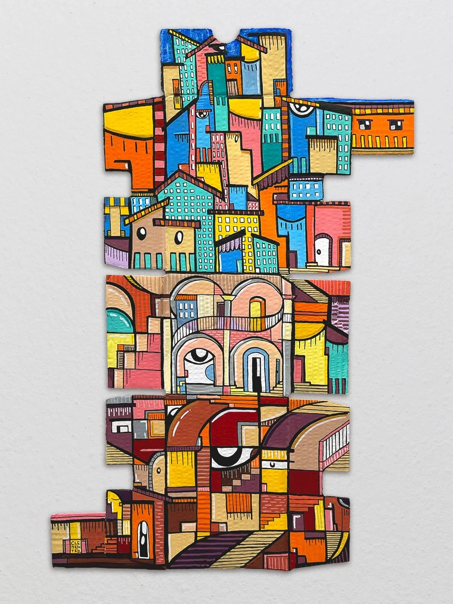 "Urban Echoes" Acrylic and Mixed Media Markers on Reclaimed Cardboard Loop Box by Cristina Clementel