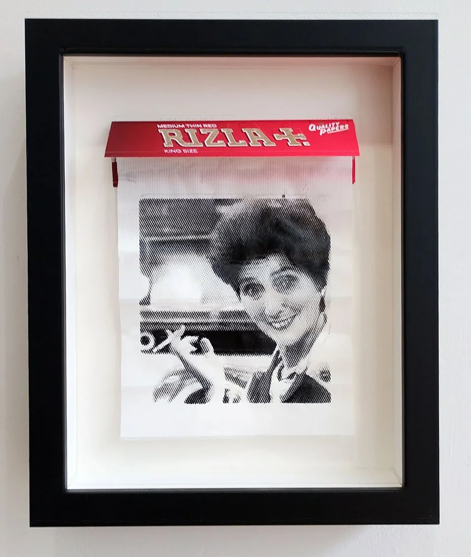 "For Dot Cotton" framed limited edition screenprint on cigarette papers by Richard Pendry