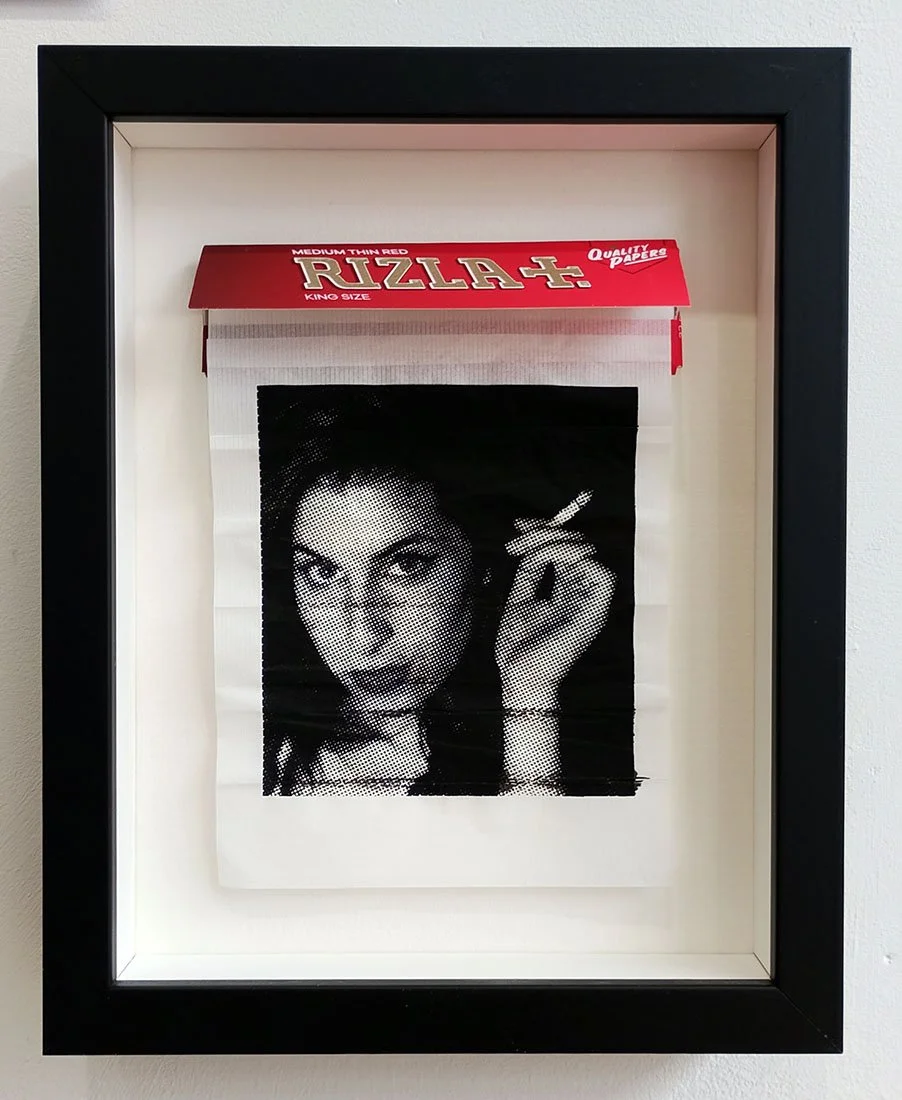"For Amy Winehouse" framed limited edition screenprint on cigarette papers by Richard Pendry