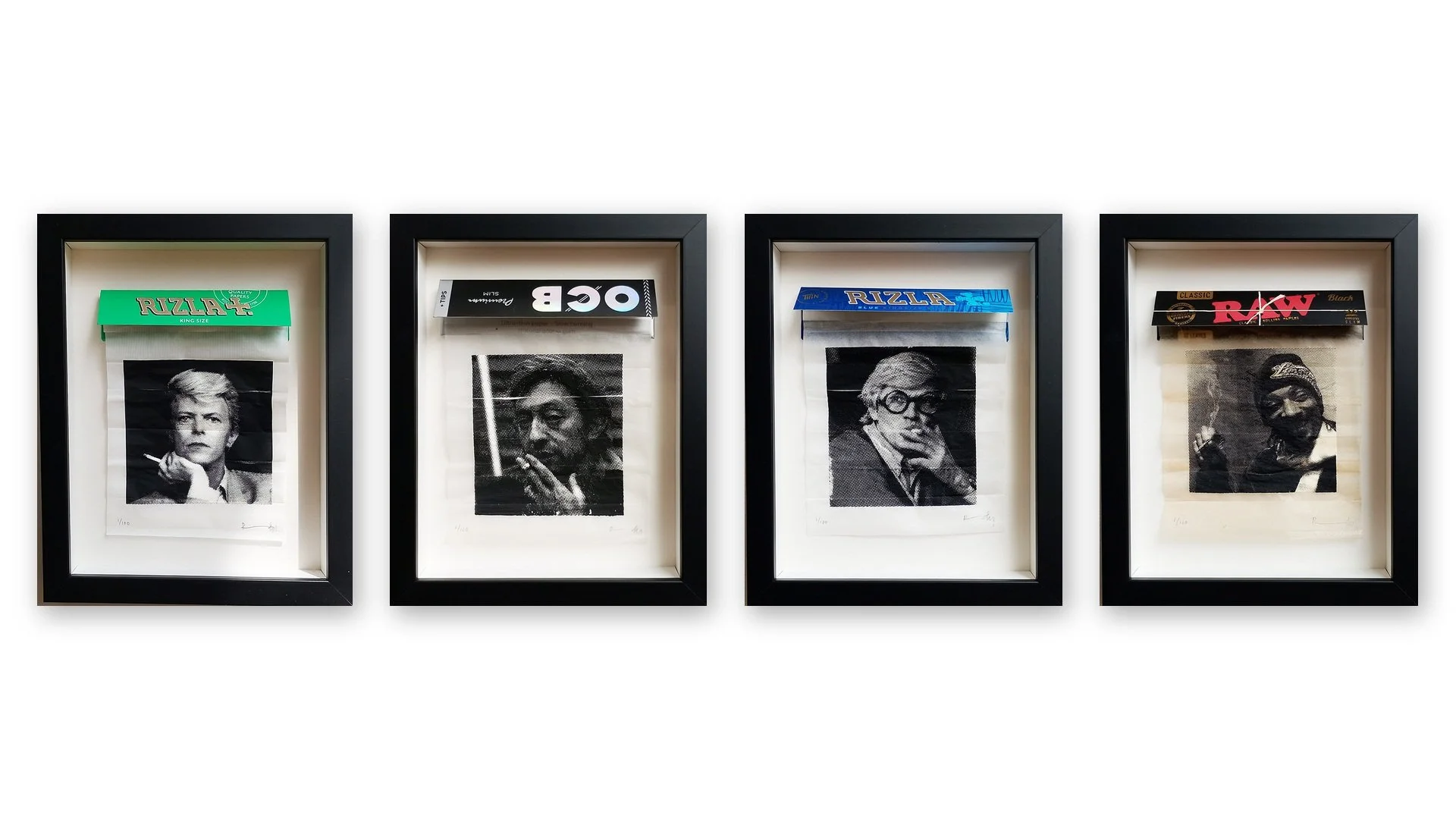 Four framed screenprints of David Bowie, Serge Gainsbourg, David Hockney and Snoop Dogg, each printed on rolling papers hung from Rizla, OCB and RAW packets