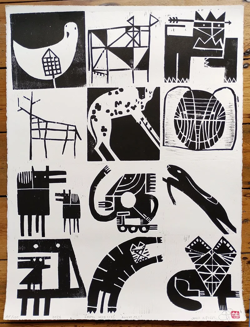 "Small Mercies (animals)" limited edition woodcut print by John Pedder