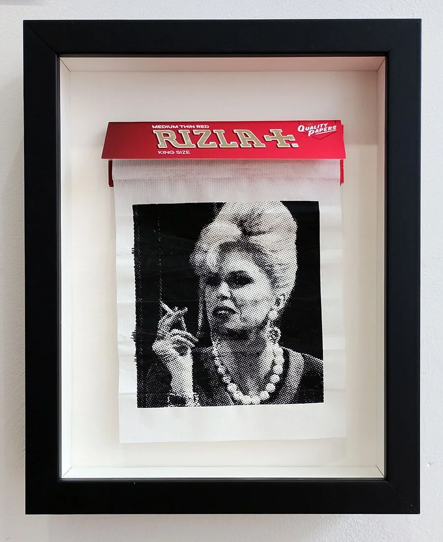 "For Patsy Stone" framed limited edition screenprint on cigarette papers by Richard Pendry