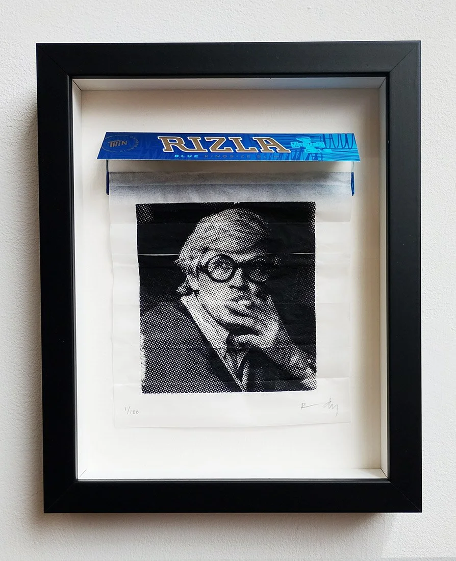 "For David Hockney" framed limited edition screenprint on cigarette papers by Richard Pendry