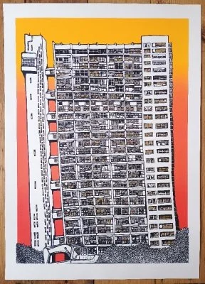 "Trellick Tower - Tequila Sunrise" limited edition screenprint by Jo Peel