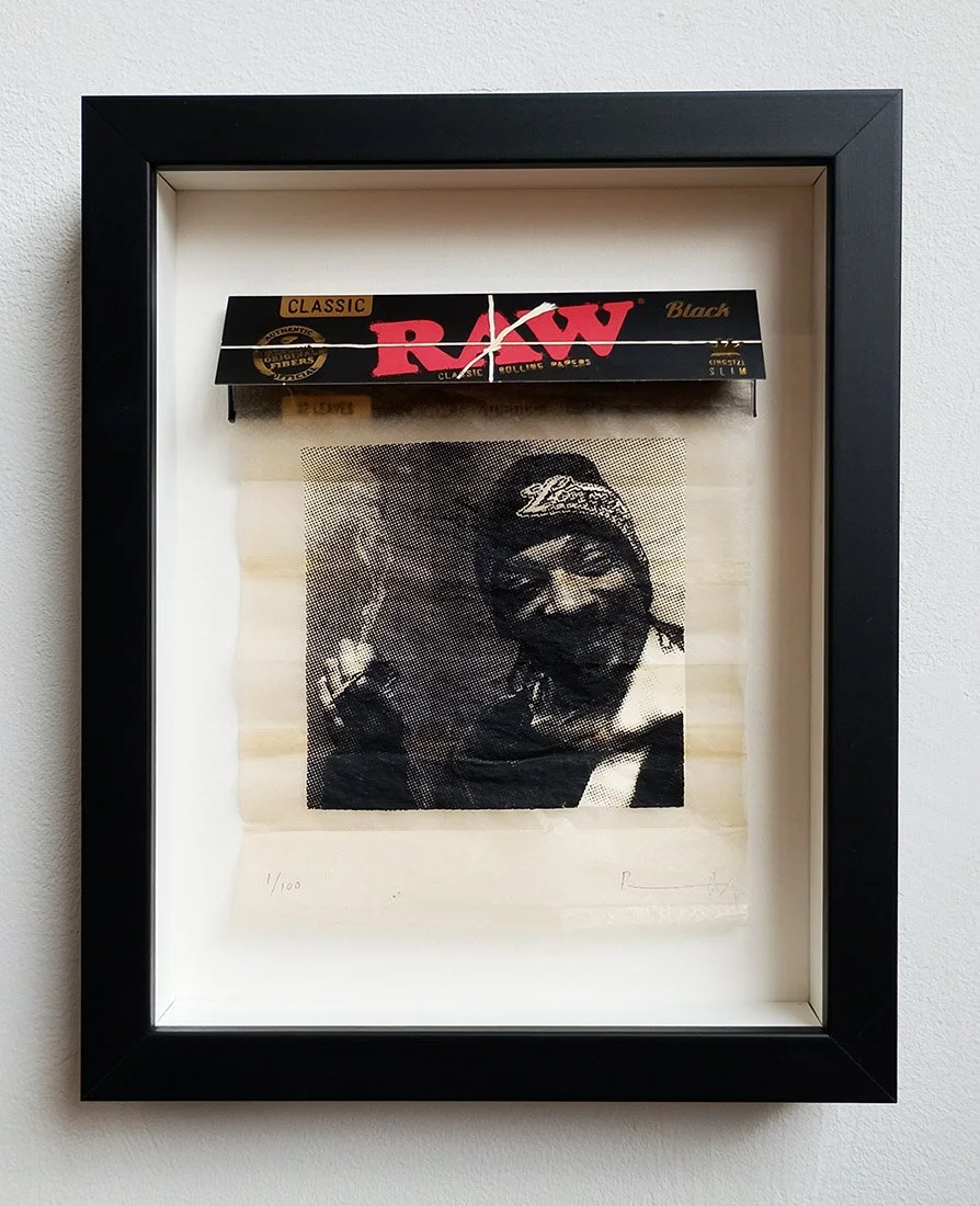 "For Snoop Dogg" framed limited edition screenprint on cigarette papers by Richard Pendry
