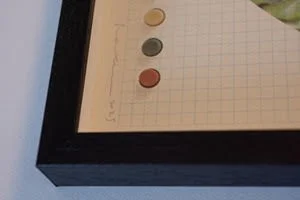 Close-up of a framed sheet of graph paper with four painted miniatures in various colors placed on it, with a blue background visible.
