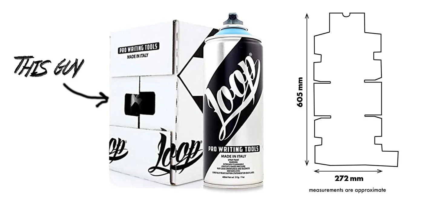 A white Loop spray paint box next to a silver Loop spray can, with a hand-drawn arrow labelled "this guy" pointing at the box. To the right, a line diagram shows the box flattened out, with approximate measurements of 605mm tall by 272mm wide.