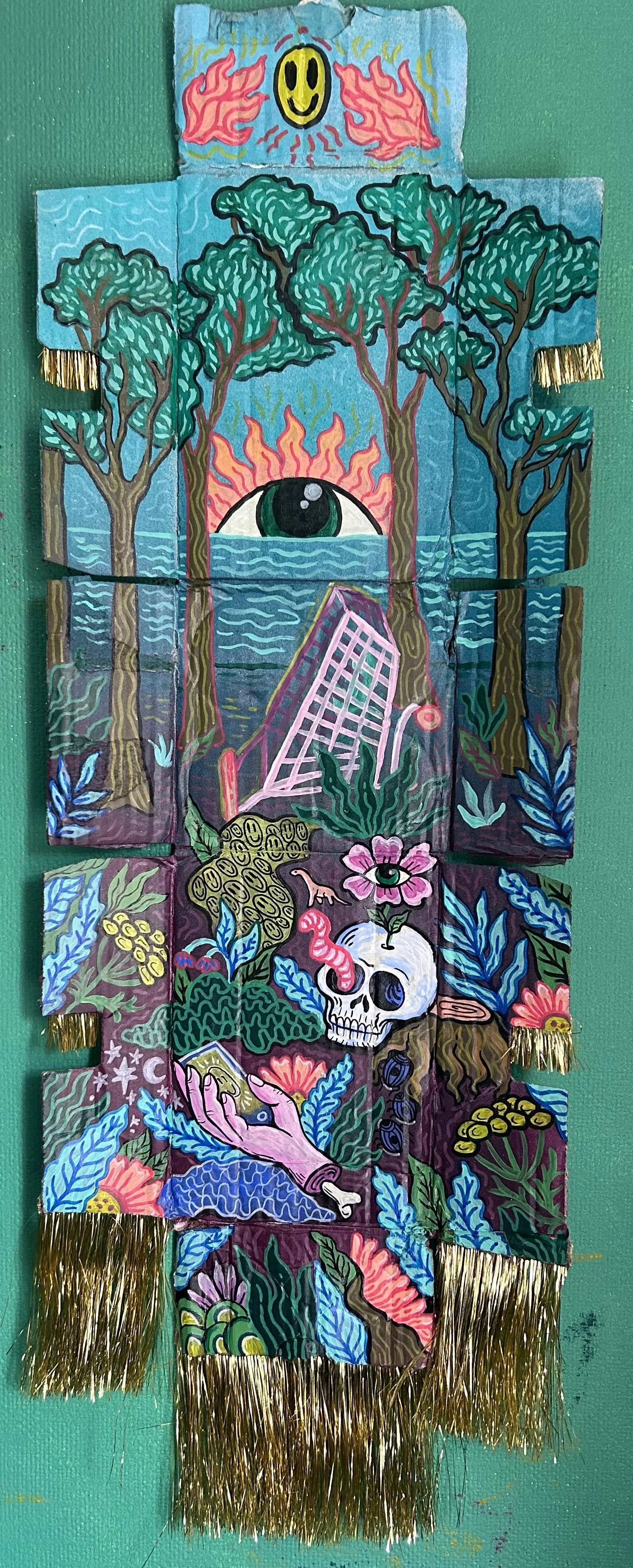 "Doom it yourself" Acrylic and Upcycled Tassels on Cardboard by Ola Intu
