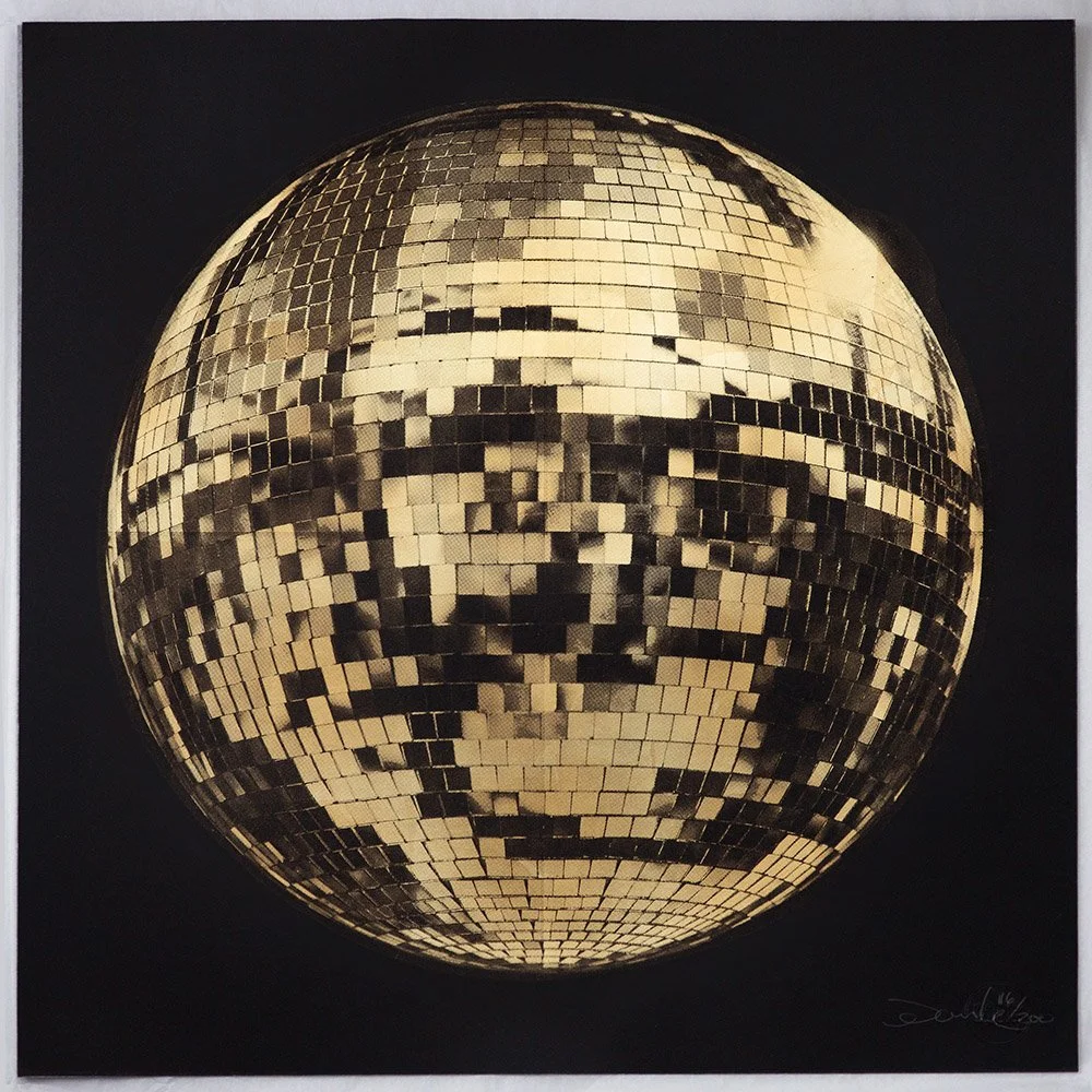 "Mirror Ball (Gold)" limited edition screenprint with gold leaf by Donk