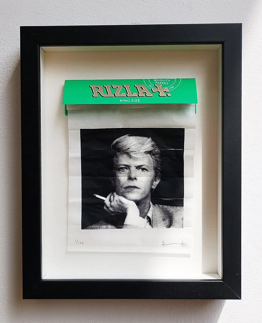 "For David Bowie" framed limited edition screenprint on cigarette papers by Richard Pendry