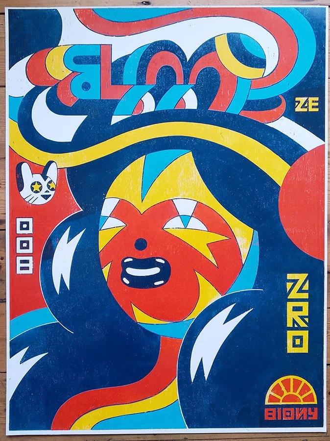 "Luchadora" limited edition woodcut print by Roman Klonek
