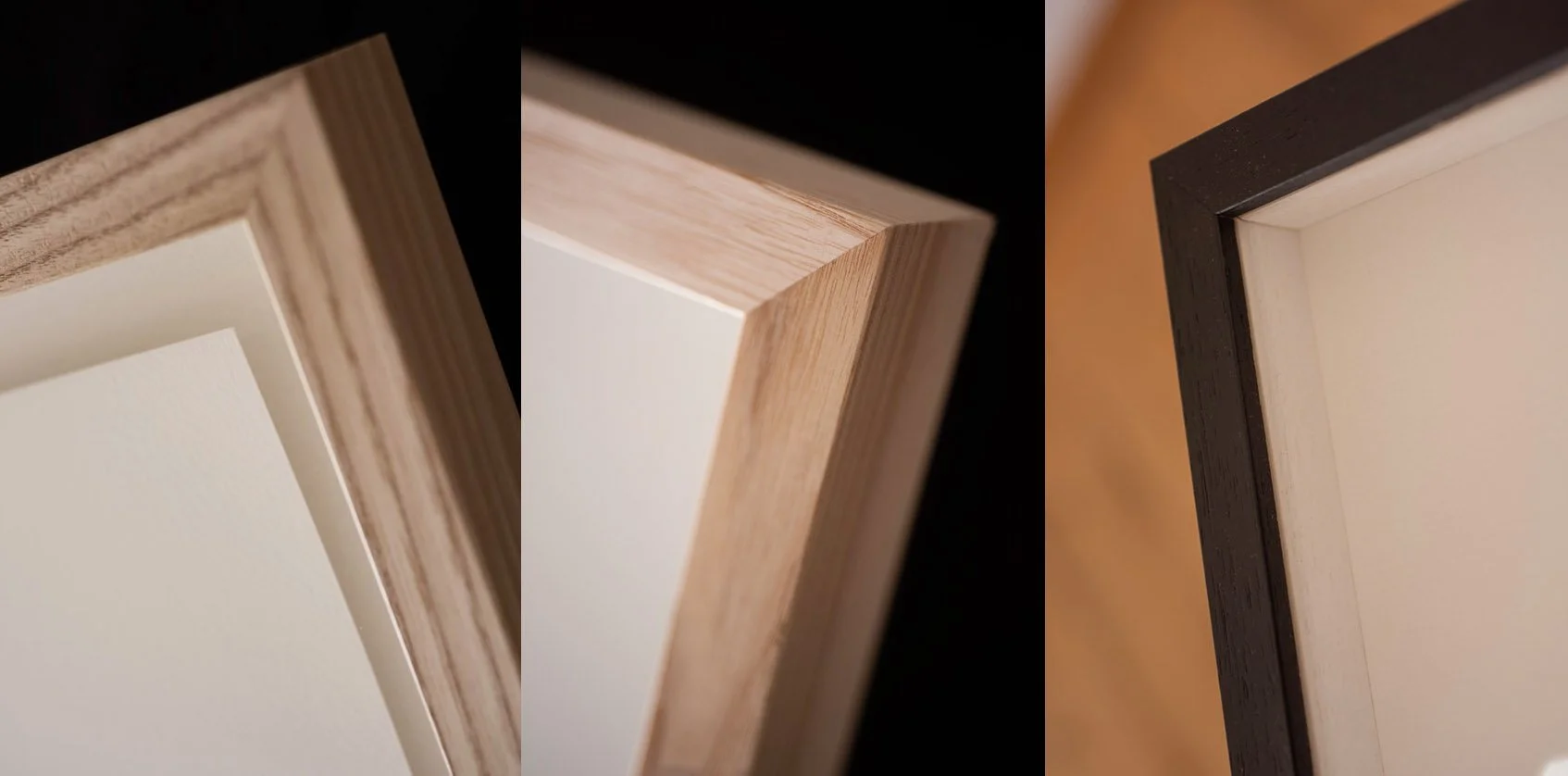 Close-up images of three different picture frames showing their edges and corners.