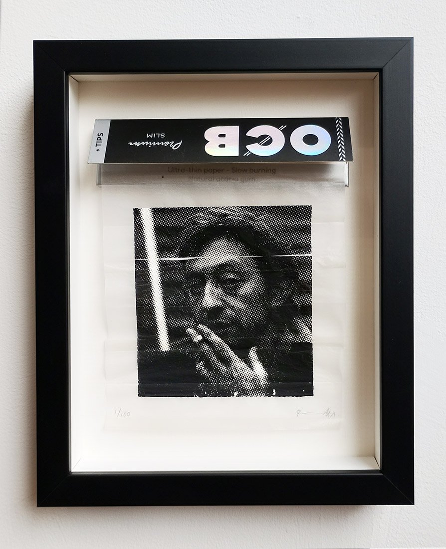 "For Serge Gainsbourg" framed limited edition screenprint on cigarette papers by Richard Pendry