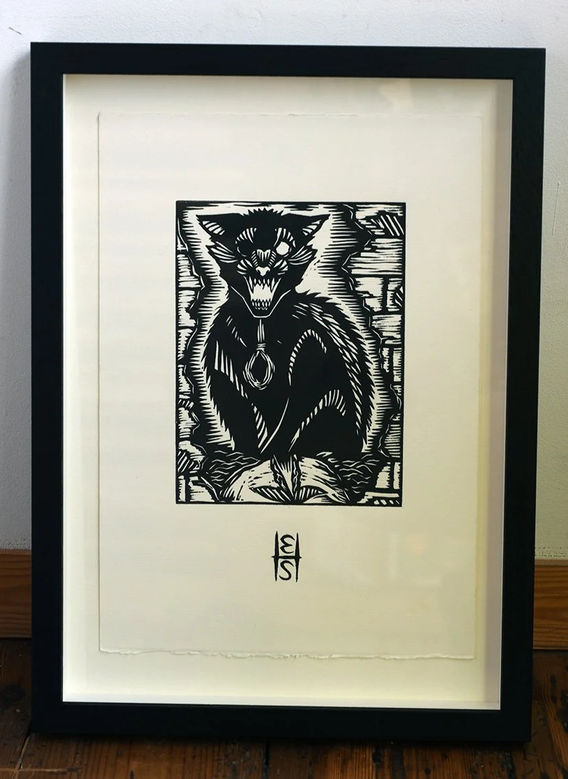 Enea Seregni framed image of linocut of scary black cat with one eye