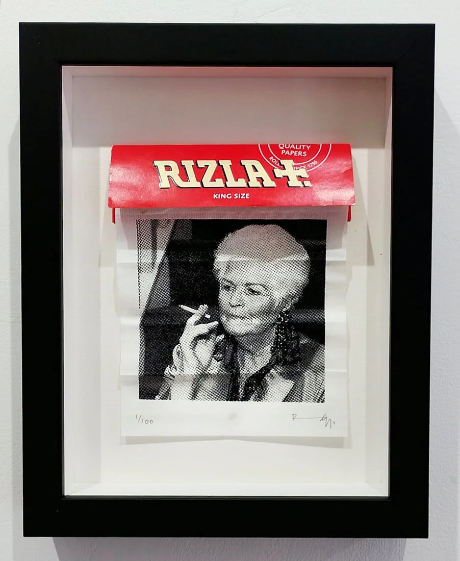 "For Pat Butcher" framed limited edition screenprint on cigarette papers by Richard Pendry