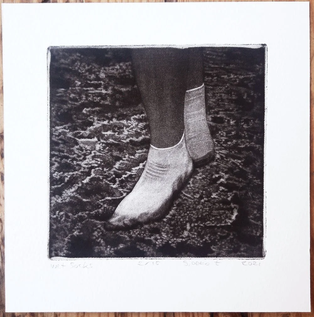 "Wet socks" mezzotint print by Sjoerd Tegelaers