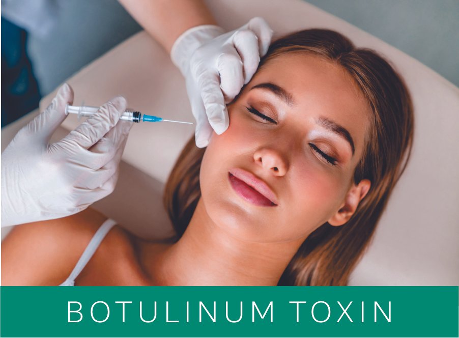Woman receiving a botulinum toxin injection on her forehead from a medical professional wearing gloves. Text overlay says "BOTULINUM TOXIN"
