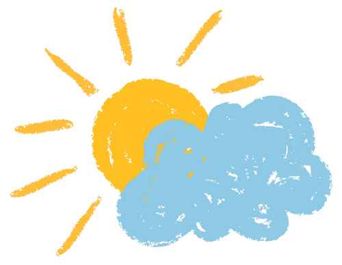 Drawn illustration of a sun and a blue cloud.