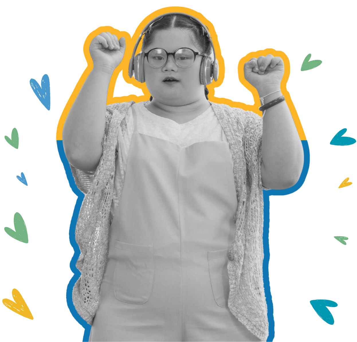 A woman wearing glasses, headphones, and a white apron, raising her arms in a victorious gesture.