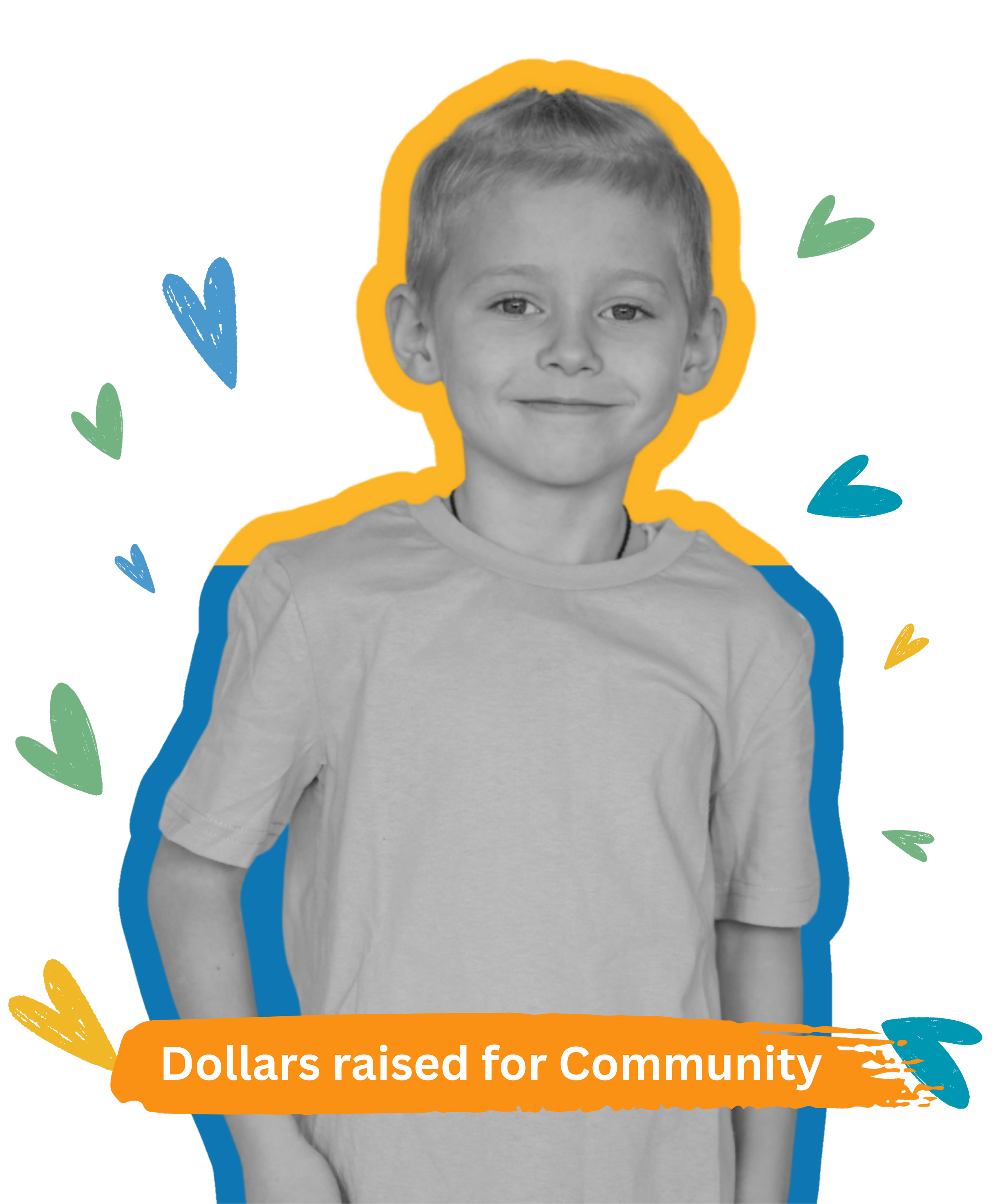 A black-and-white photo of a young boy with short hair smiling, outlined with a colorful border, surrounded by drawn hearts, with a banner at the bottom that says "Dollars raised for Community."