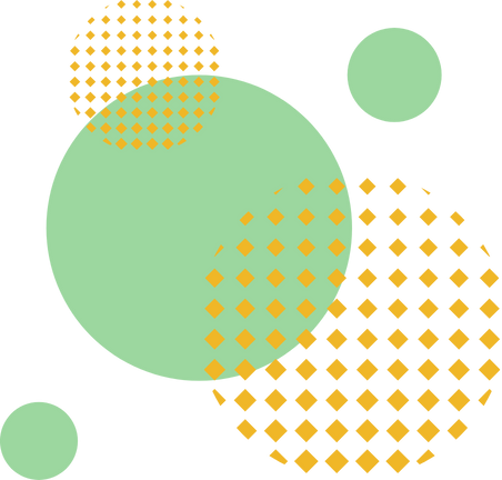 Abstract geometric design with large mint green and gold circles and diamond pattern accents on a black background.