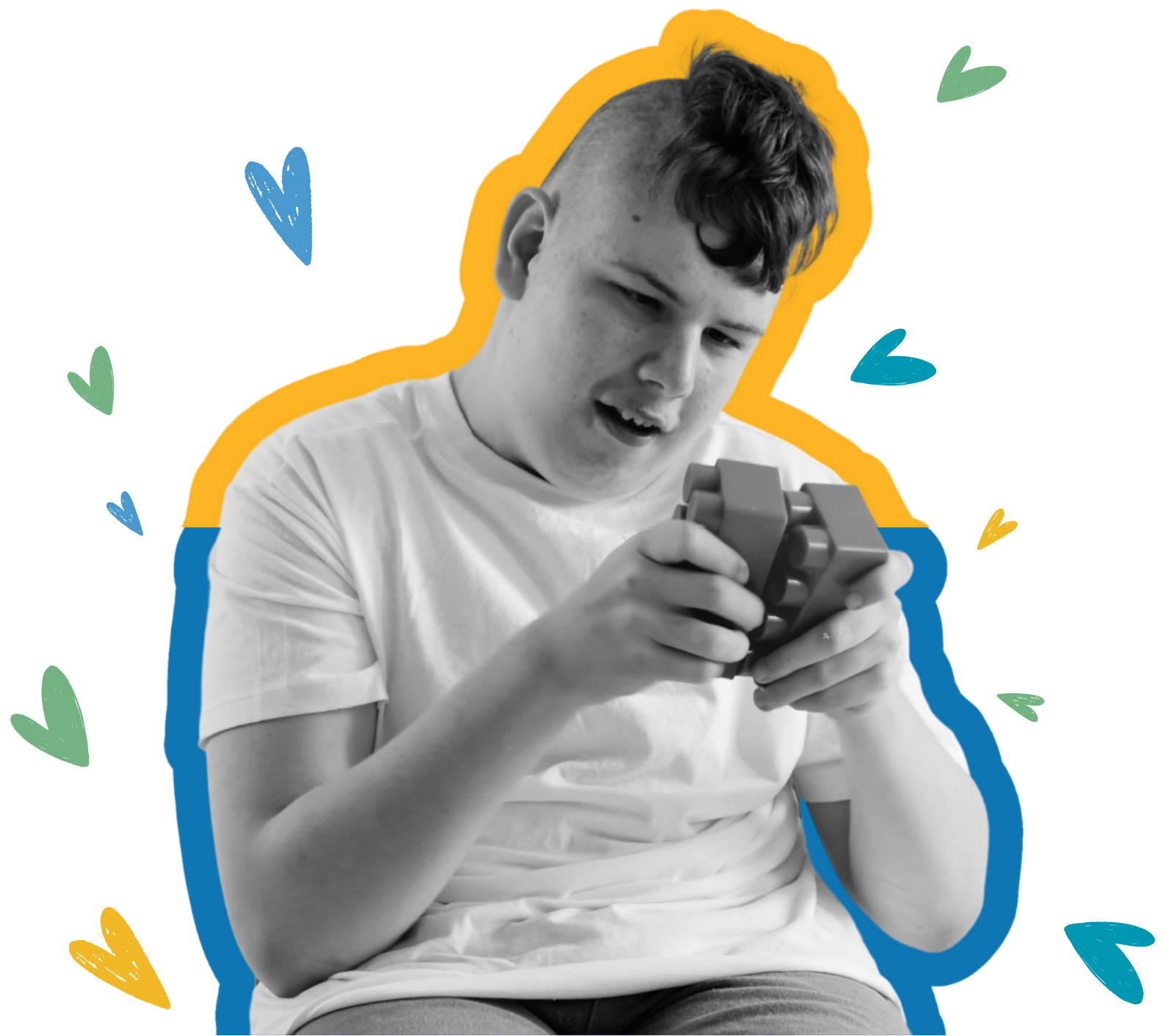 A black and white photograph of a young man with a plaid hairstyle, wearing a plain white t-shirt, looking confused or frustrated while holding and examining a gaming console controller, with colorful abstract shapes in the background.