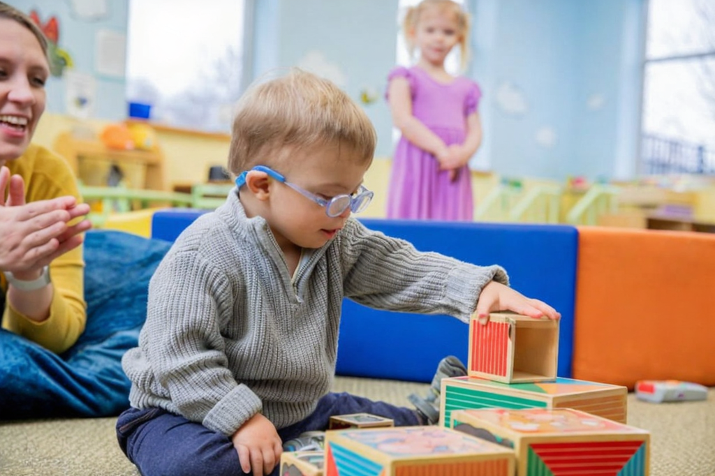 A young boy wearing glasses and a gray sweater plays with colorful wooden blocks in a bright, cheerful classroom, with a woman and a girl watching him.