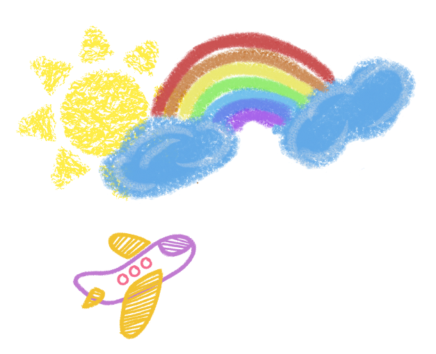 A colorful drawing of a weather forecast with a rainbow, clouds, a sun, and a section for the forecast.