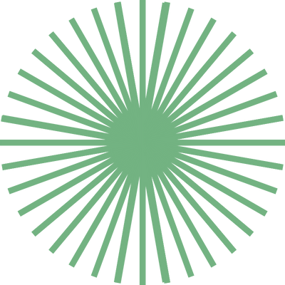 Green starburst design with radiating lines outward from a central circle.