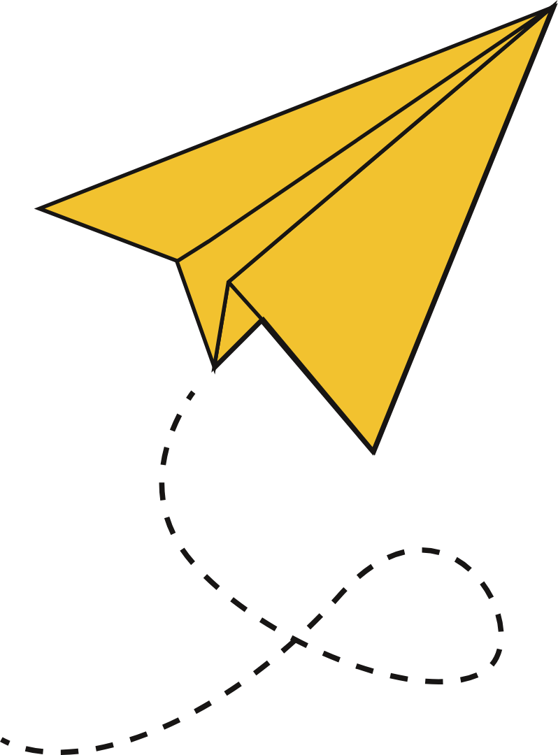 Yellow paper airplane with a dotted flight path on a black background.