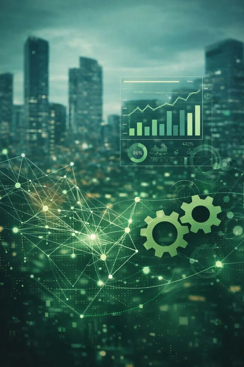 Digital data visualization with graphs, gears, and interconnected nodes over a cityscape background.