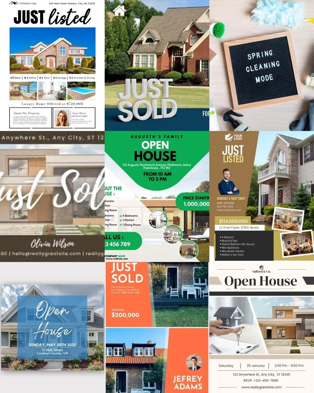 Multiple real estate flyers advertising open houses and homes for sale. Some flyers feature photos of houses, with details like prices, locations, and open house dates and times. There are also promotional messages like "Just Sold," "Just Listed," and "Open House." Some flyers include contact information and images of agents.