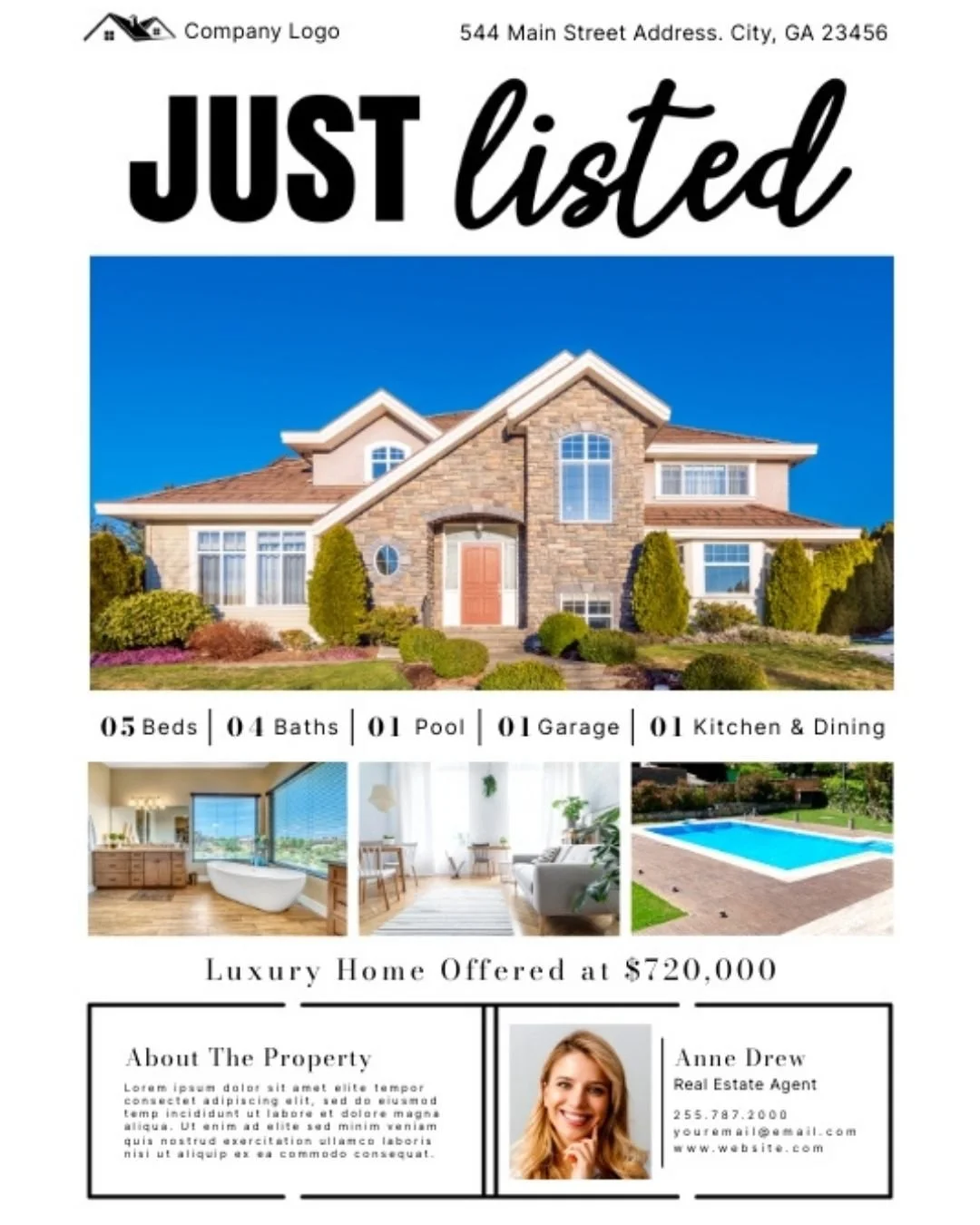 Real estate flyer featuring a house with stone exterior and landscaped yard, indicating property just listed. Includes interior photos of bathroom and living room, pool, and agent contact info.