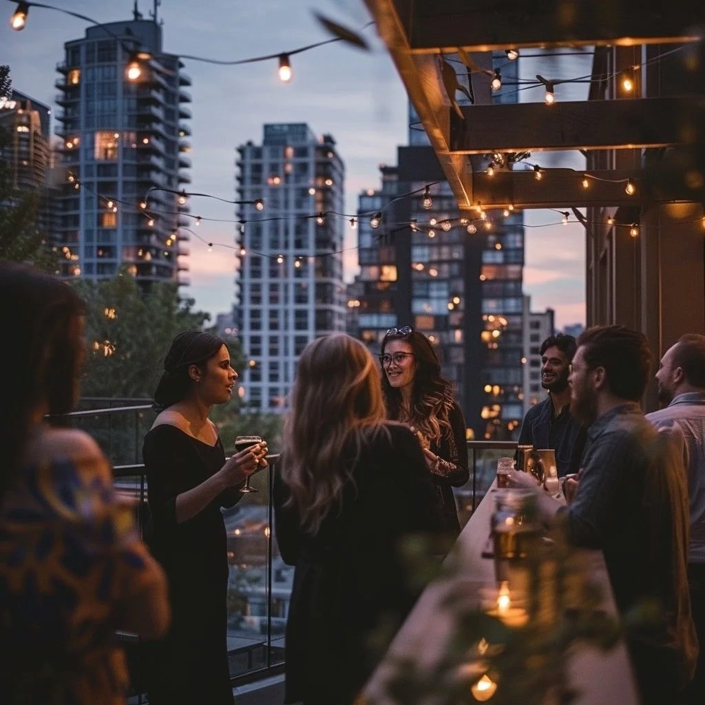 People socializing on a rooftop patio at dusk, with string lights and tall buildings in the background.