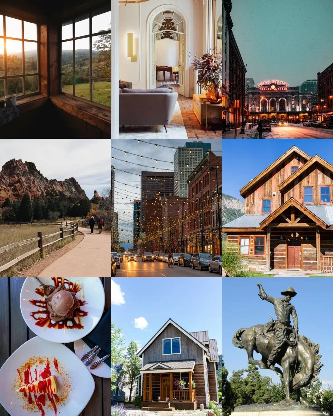 A collage featuring various scenes including a sunset over a landscape, an elegant interior living room, a historic train station at night, a trail through rocky mountains, a city street with string lights, a rustic wooden house, desserts with ice cream and caramel sauce, a modern house with a porch, and a bronze cowboy statue on horseback.