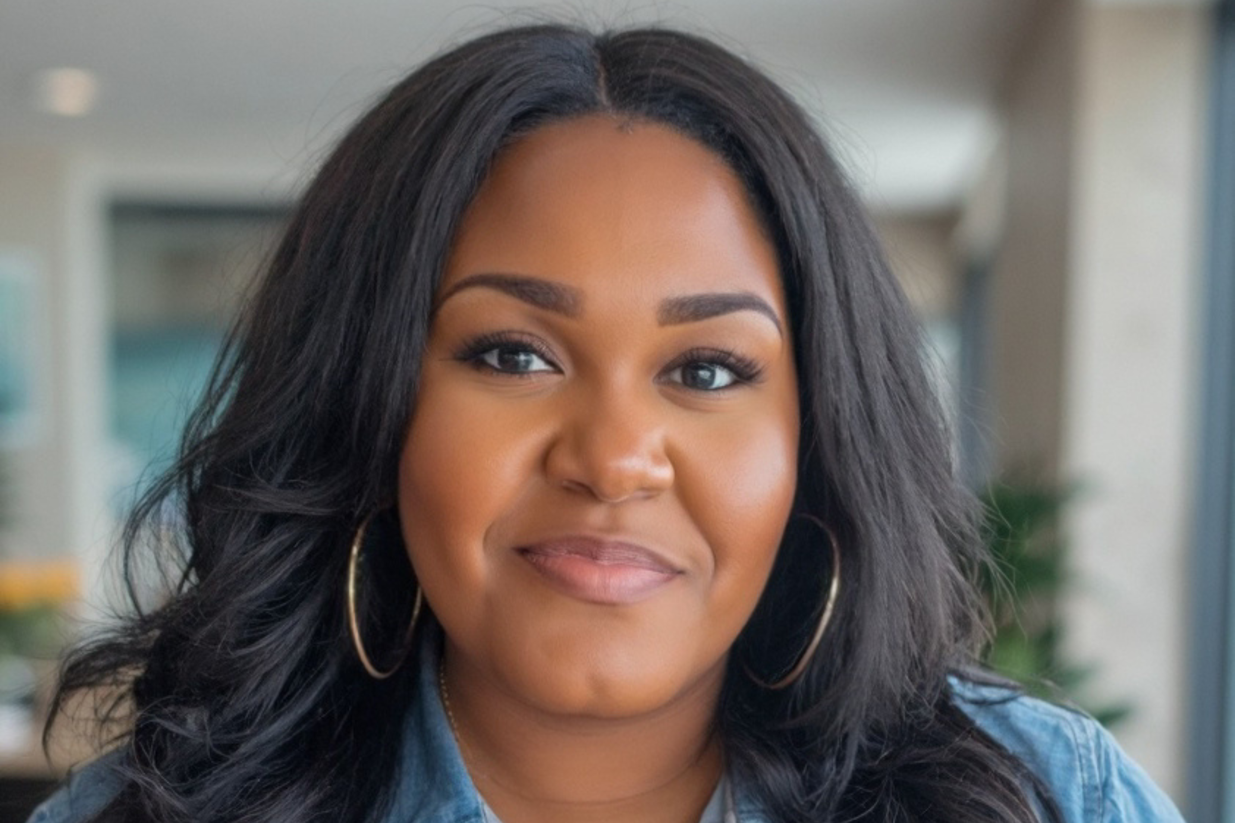 A woman with long black hair, wearing hoop earrings and a denim jacket, smiling softly in an indoor setting.