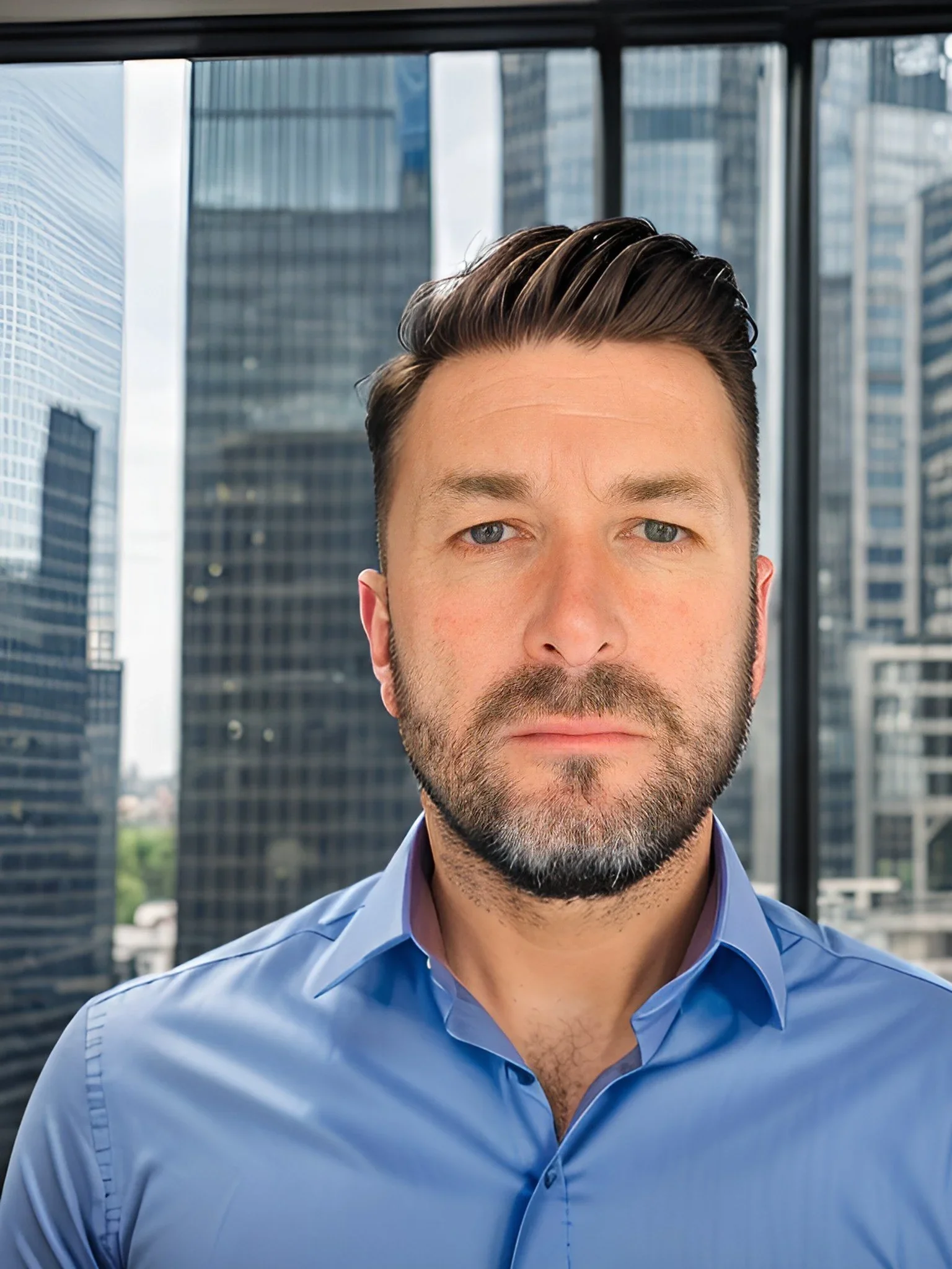 Close-up of a man with brown hair, blue eyes, and facial hair, wearing a blue dress shirt, standing in front of large windows with city skyscrapers outside.
