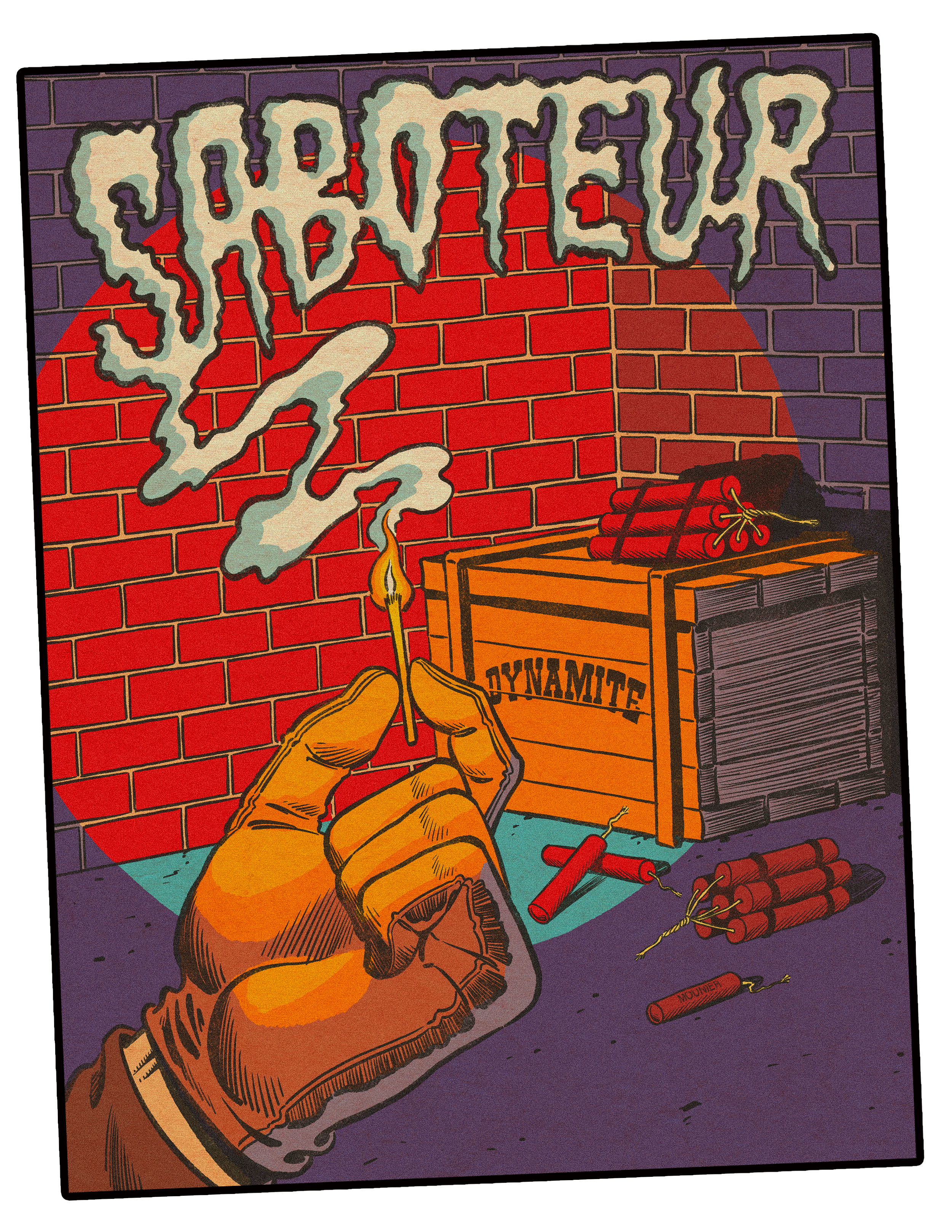 A cartoon-style illustration of a lit fuse being held by a hand wearing a glove, with a brick wall background and a graffiti-style word 'SPLATTER'. There are dynamite sticks, some already lit, on the ground and a wooden crate labeled 'DYNAMITE' filled with more dynamite sticks.