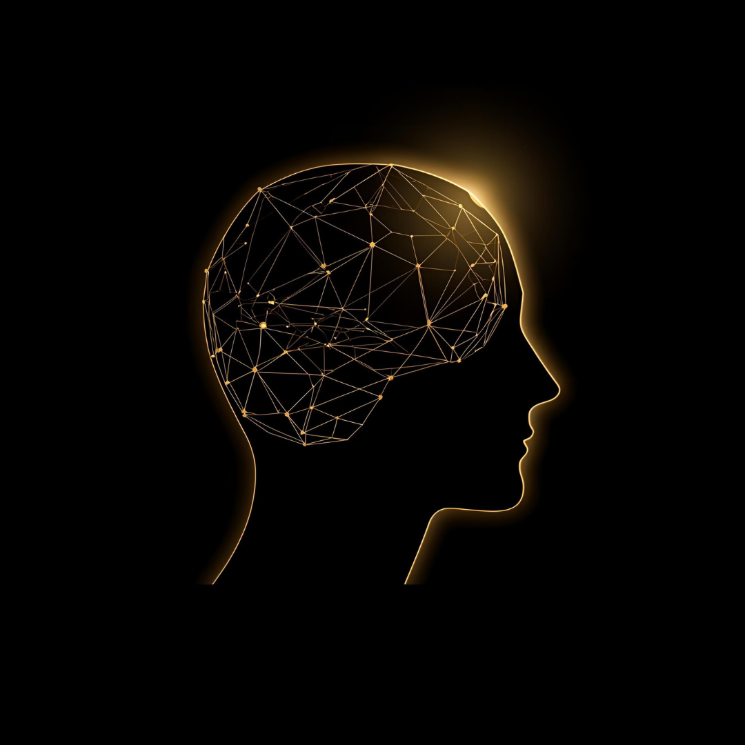 Outline of a human head with a glowing neural network or brain illustration inside, set against a black background.