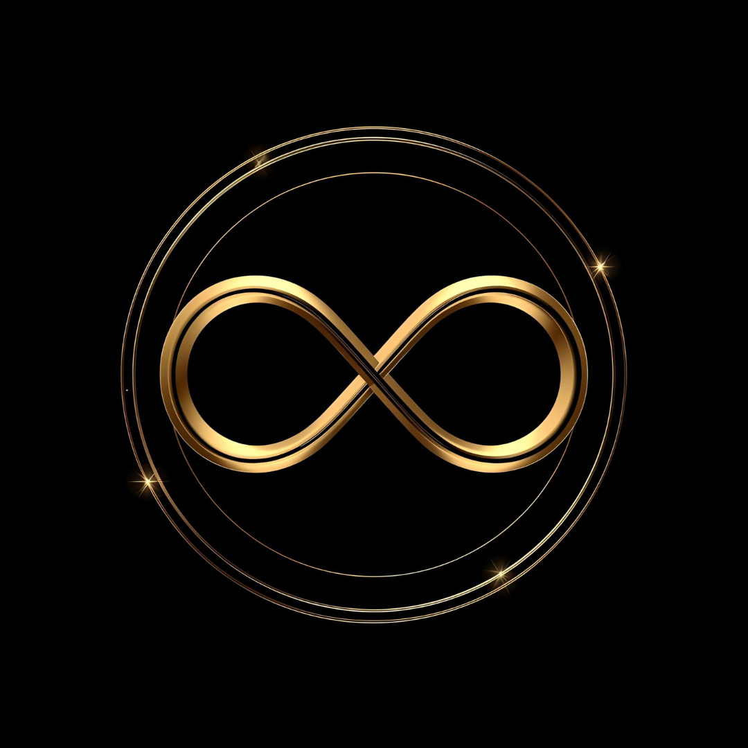 Gold infinity symbol with circular glowing lines on a black background.